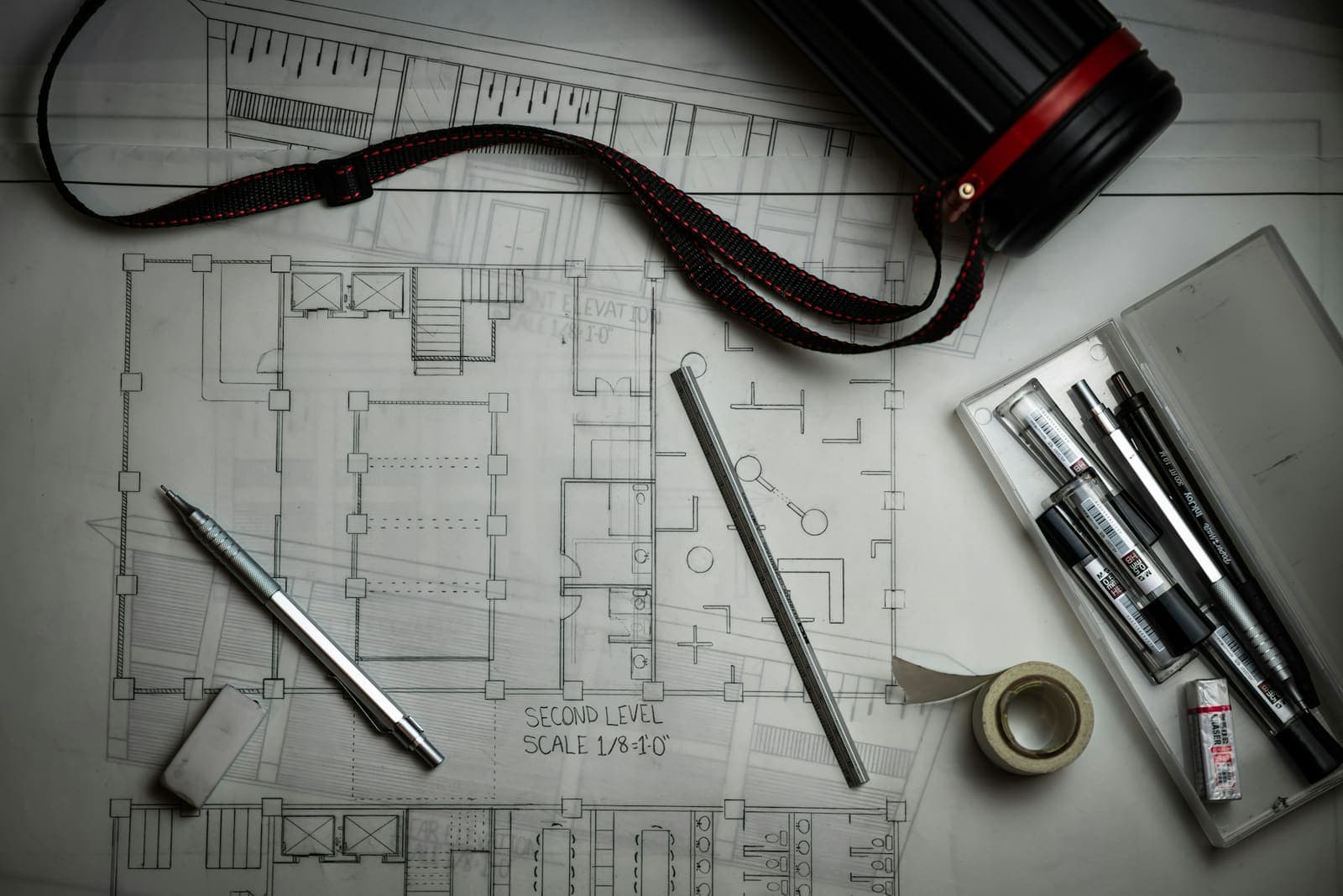 Drawings on a desk with drafting pencils, a scale rule and tape